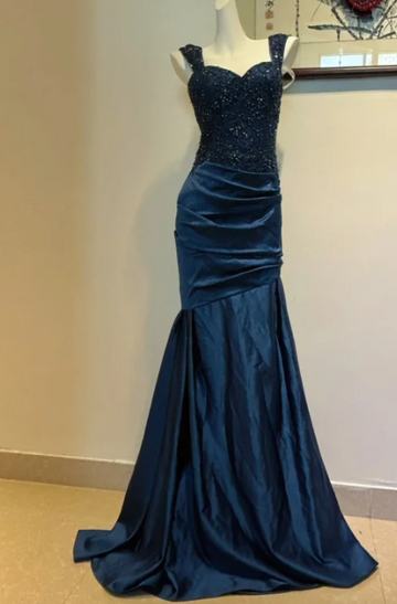 Niulatu Sweetheart Mermaid Satin Sequin Long Prom Dresses, Navy Blue Formal Evening Dresses HZ1026